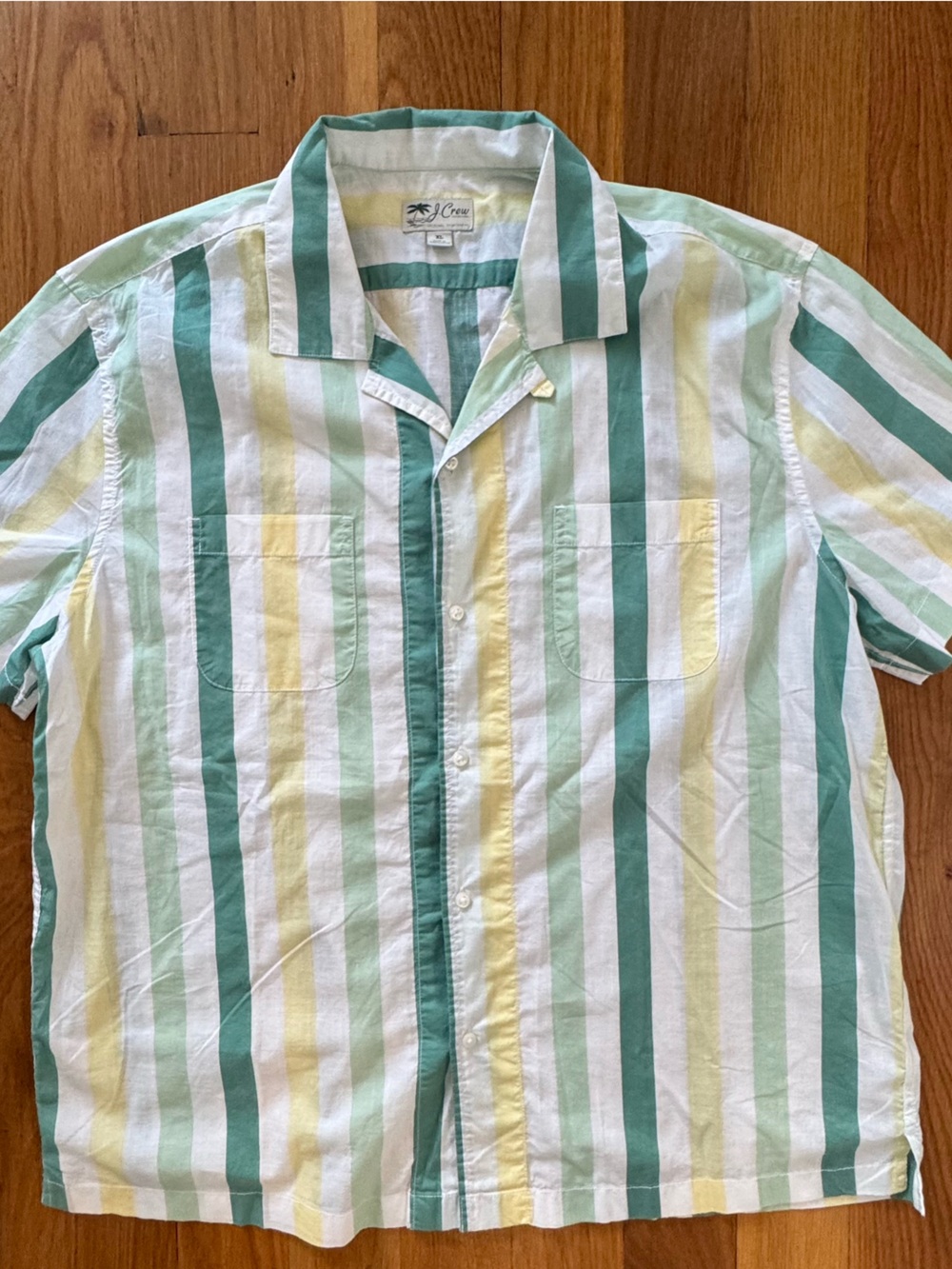 J.Crew Striped Shirt XL Green Yellow White Lightweight Cotton Summer